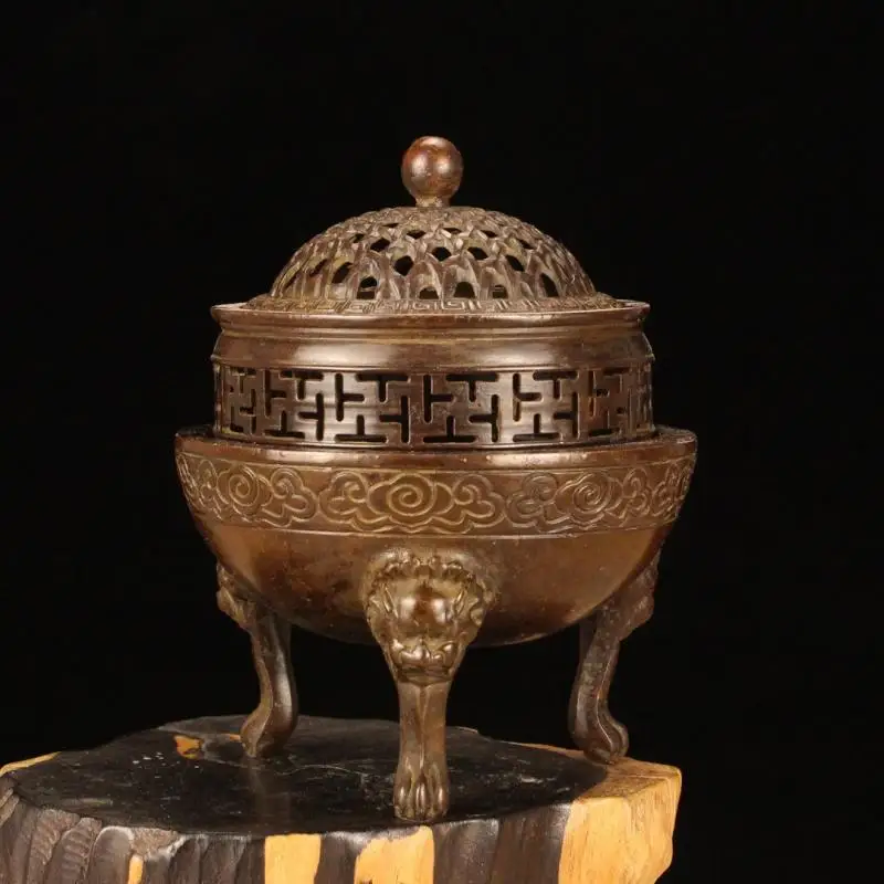 

Chinese Antique Brass Three Legs Incense Burner Hollowed Out Mesh Cover Mini Ornaments Desk Decor