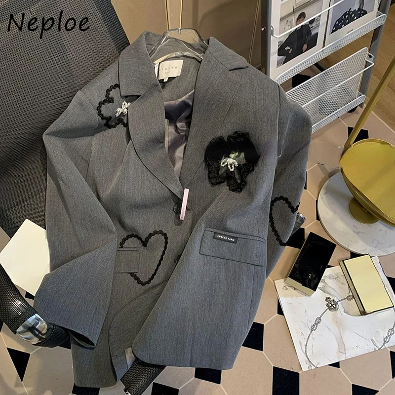 Neploe 3D Flower Heart Embroidery Jacket for Women Autumn Winter New Tailored Coats Y2k Long Sleeve Loose Blazer Mujer