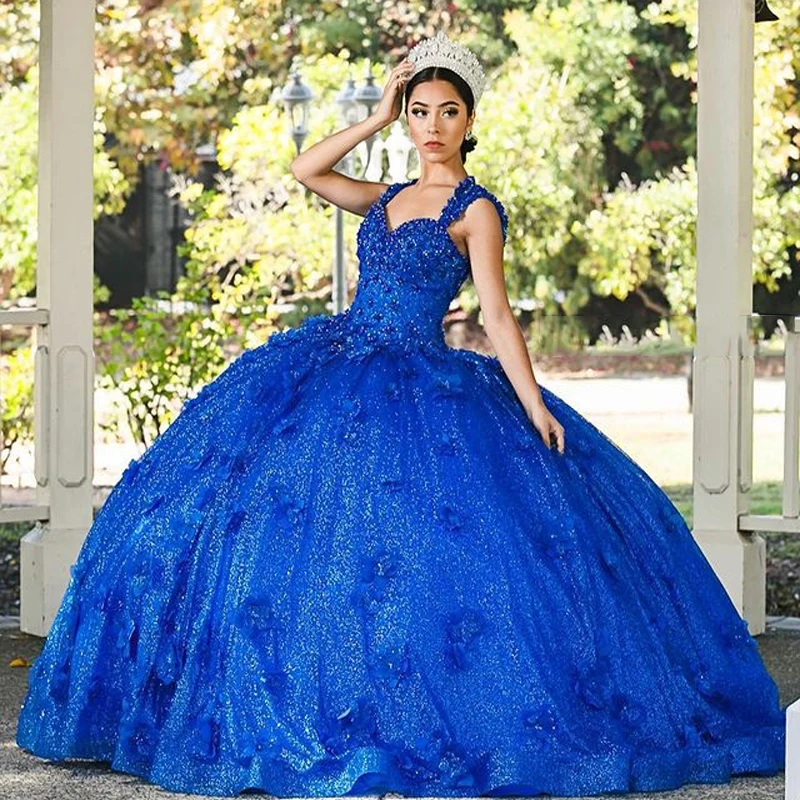 ANGELSBRIDEP Royal Blue Quinceanera Dresses 15 Year Old Puffy 3D Flower Lace Appliques Beading Princess Birthday Party Prom Gown