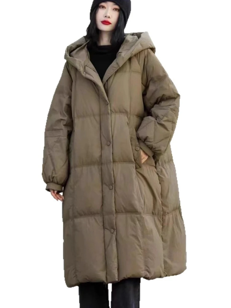 Chaqueta larga de invierno con capucha y cremallera Parkas para mujer 90 abrigo acolchado de pato blanco prendas de vestir gruesas abrigo acolchado cálido para mujer 2025 nuevo