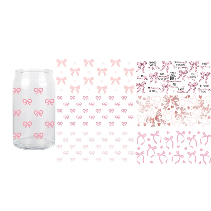 Bowknots UV DTF 3D Transfer Sticker Pink Theme Wraps Cup Fashion Women Libbey Glass Cup DIY Decals  Hot Sale