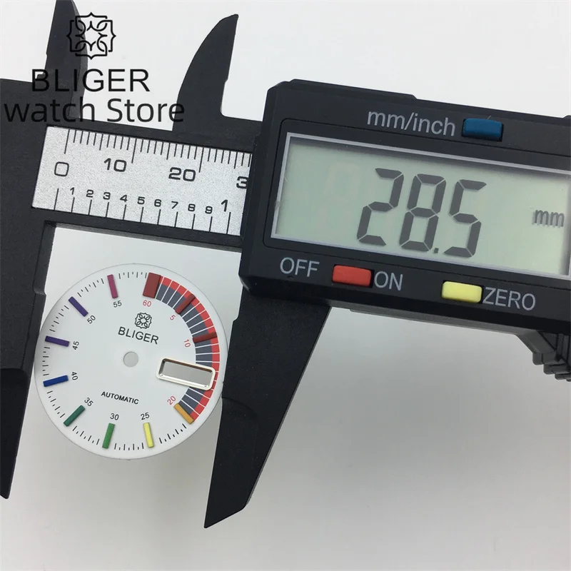 BLIGER 29MM dial hitam putih, indeks multiwarna untuk NH36 NH36A gerakan