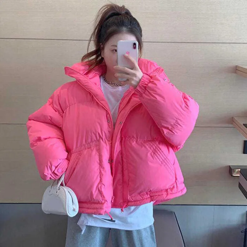 Winter Chic Kapuze Daunen Baumwolle Puffer Parka Mäntel Frauen lose feste verdicken warme Jacke weibliche neue Mode Reiß verschlüsse Outwear