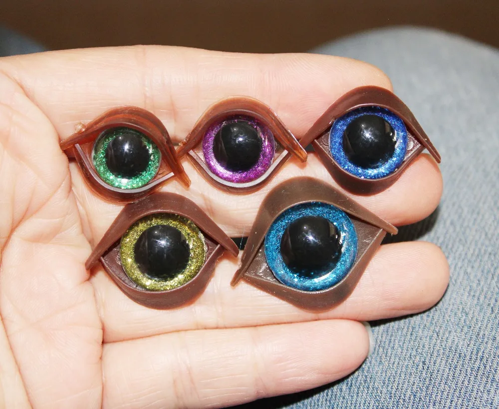20pcs-- 13mm-24mm round plastic safety clear toy eyes + glitter Nonwovens + hard washer + brown eyelid for diy doll--size option