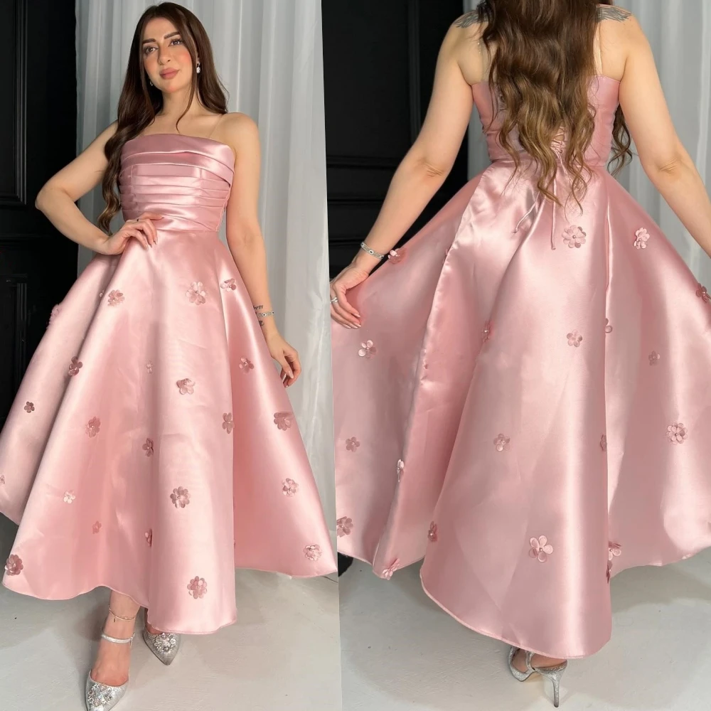 Exquisite Satin Applique Flower Ruched A-line Spaghetti Strap Strapless Midi Dresses Prom Dresses Classic Unisex Elegant