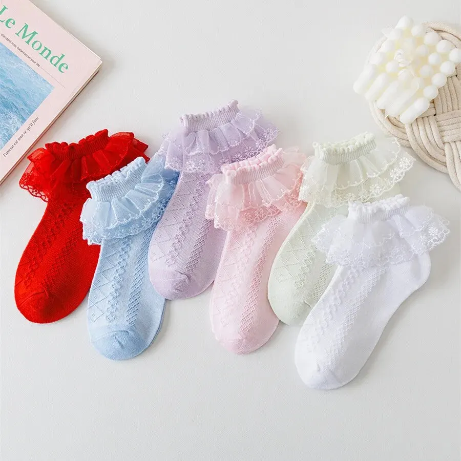 5 Pairs/Lot Girls Socks Summer New Mesh Style Cotton Thin Baby Socks Trendy Elastic White Lace Flowers Children Princess Socks