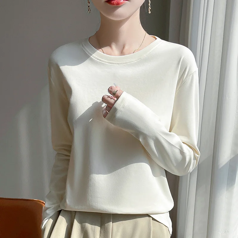 Spring And Summer New Leisure High-End Cotton Long-Sleeved T-shirt Feminine Bottoming Shirt Loose Mercerized Cotton Top