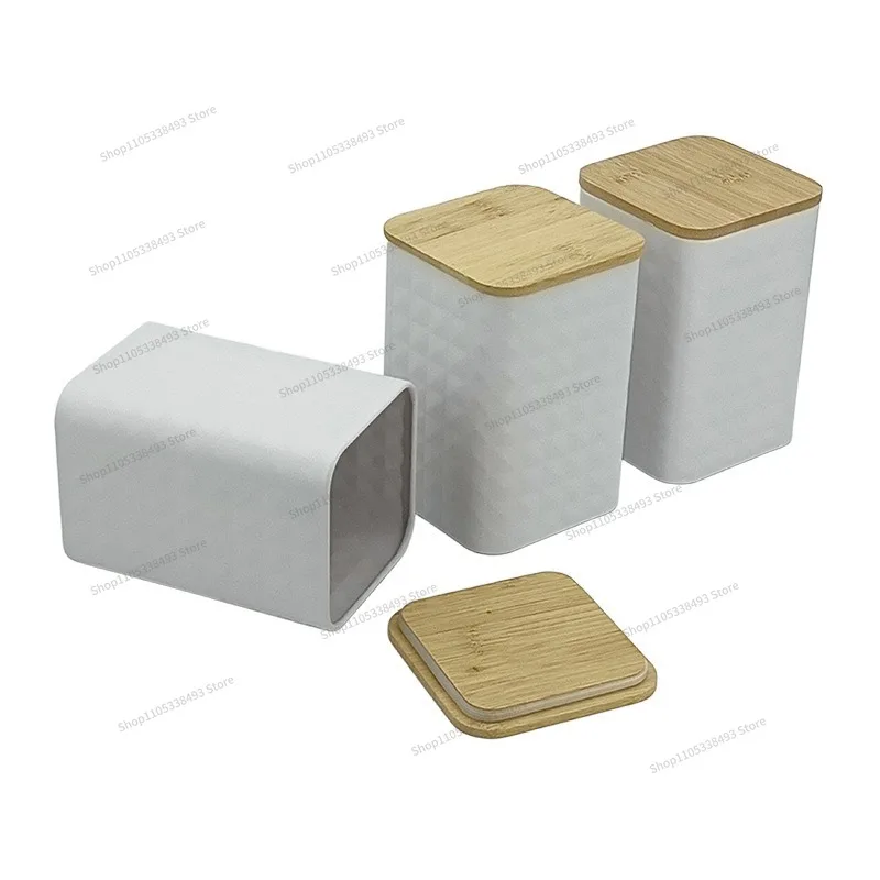 For Square Metal Pattern Sealed Jar Coffee Beans Tea Sugar Food Storage Box Bamboo Lid Metal Jar 5