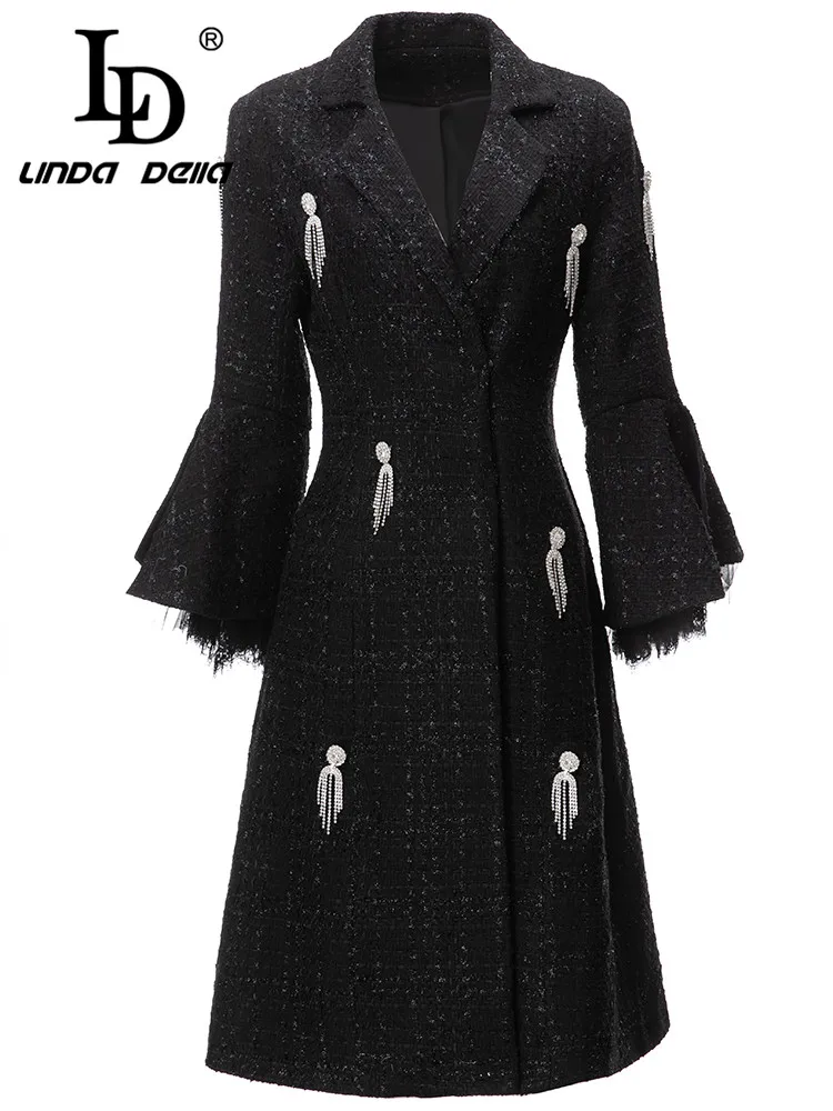 

LD LINDA DELLA 2023 New Style Autumn winter Vintage Coat Women's Black Cheap Casual V-Neck Nail Bead Splice Lace Coat