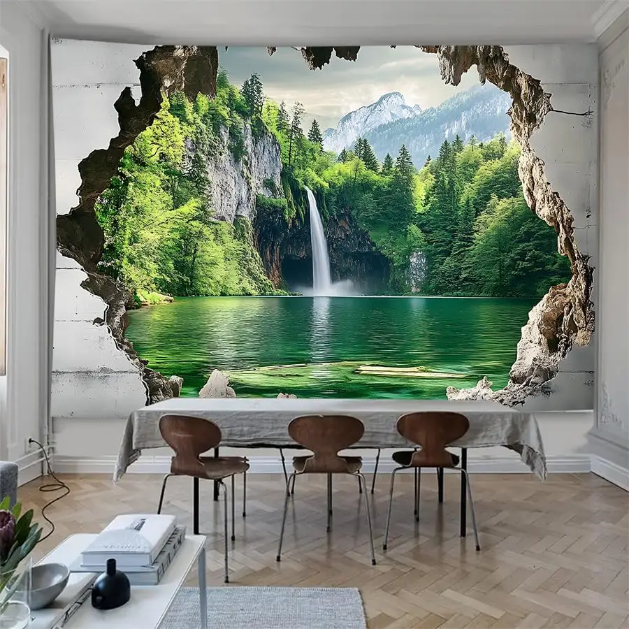 3D Waterfall Forest Tapestry Nature Window View Landscape Polyester Wall Hanging for Office Bedroom Living Room Dorm Decor