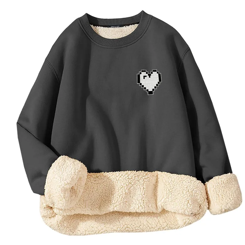 

Man Autumn Winter Pullover Youth Thick Plush Black White Love Heart Printing Sweatshirt Long Sleeve Keep Warm Fashion Male Coat