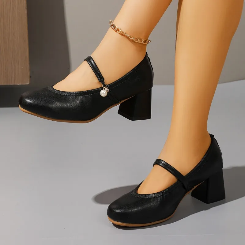 ماري جين 2025 موضة الربيع والخريف الجديدة متعددة الاستخدامات الفرنسية متوسطة الكعب كعب حذا فردي للسيدات لطيف عالية الكعب