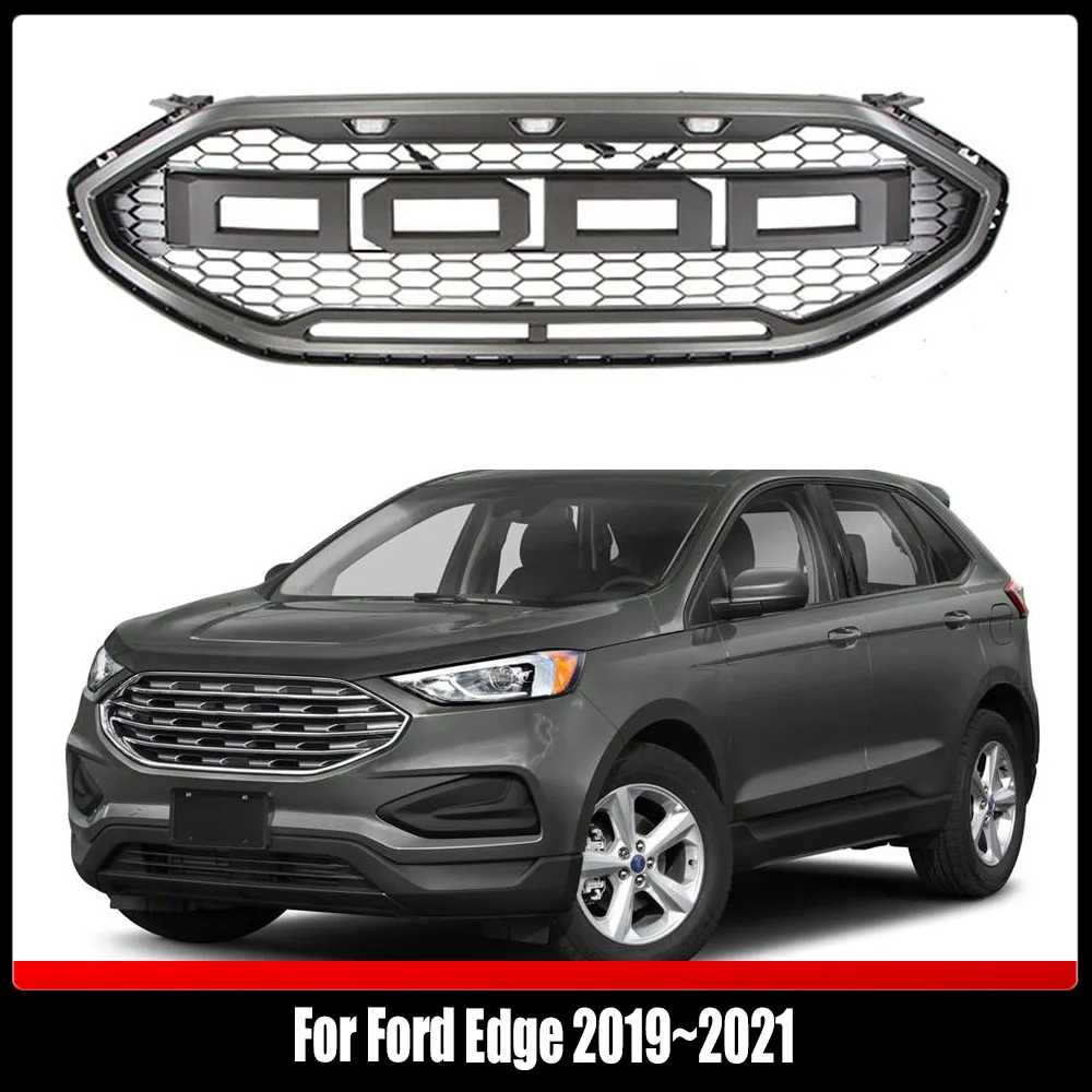 Front Middle Racing Grille Honeycomb Amber LED Lights ABS Grills Grid Mesh Style Bumper Mask Cover For Ford Edge 2019~2021