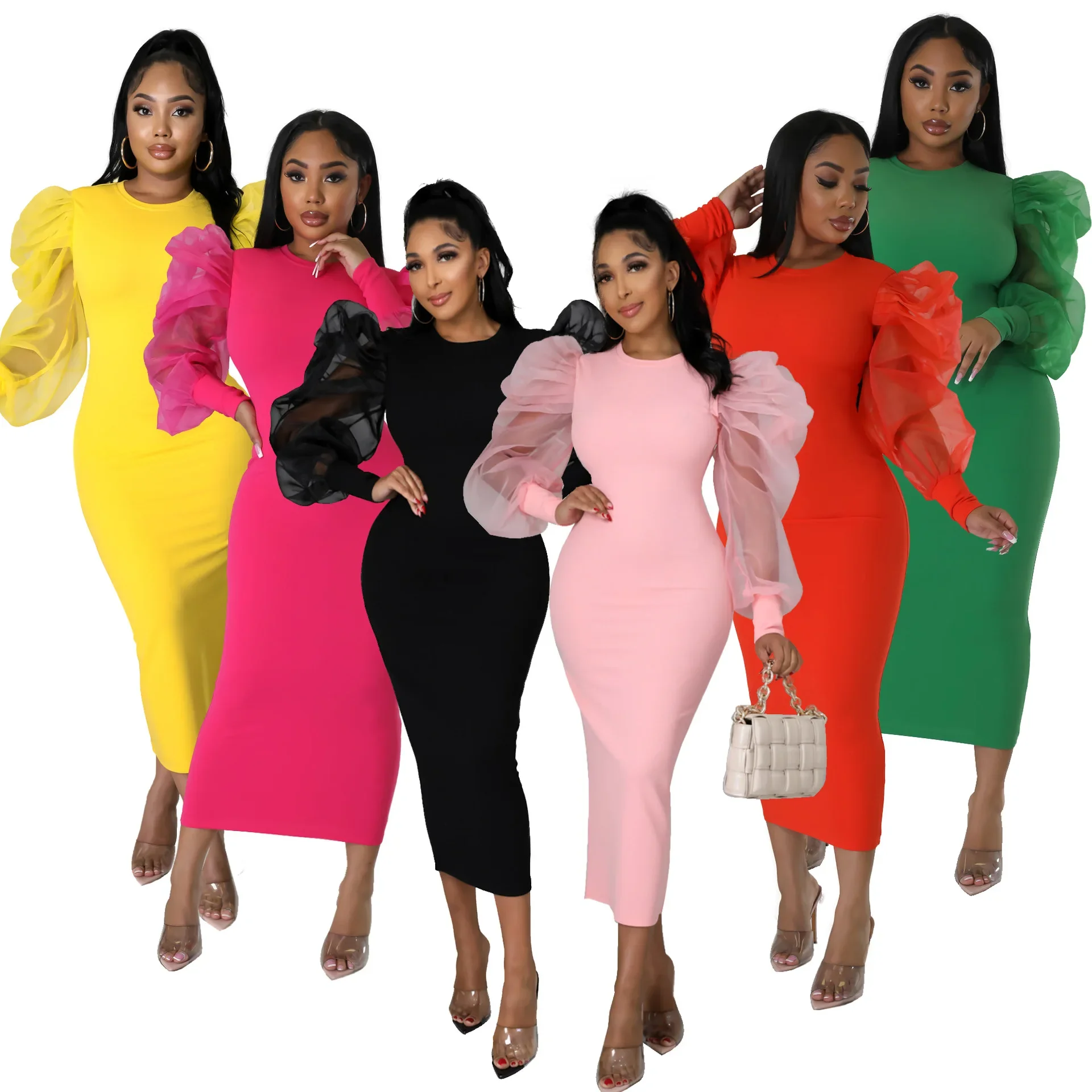 Afrikanische Kleidung, elegante afrikanische Kleider für Frauen, Herbst, afrikanische Langarm-O-Ausschnitt, Polyester, langes, figurbetontes Kleid, Maxikleid