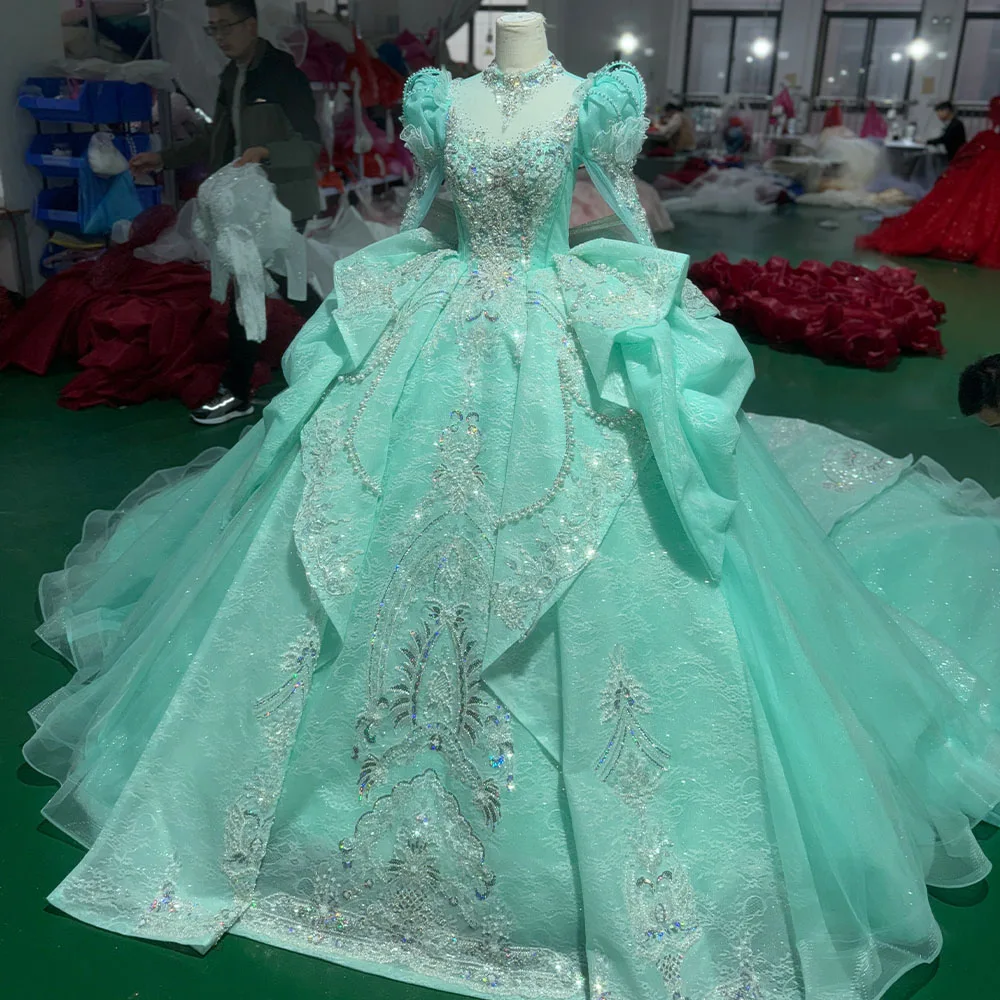 Romantic High Neck Green Shiny Quinceanera Dress Party Gown Customized Lace Ball Gown Beads Crystal Long Sleeves For 16 Year