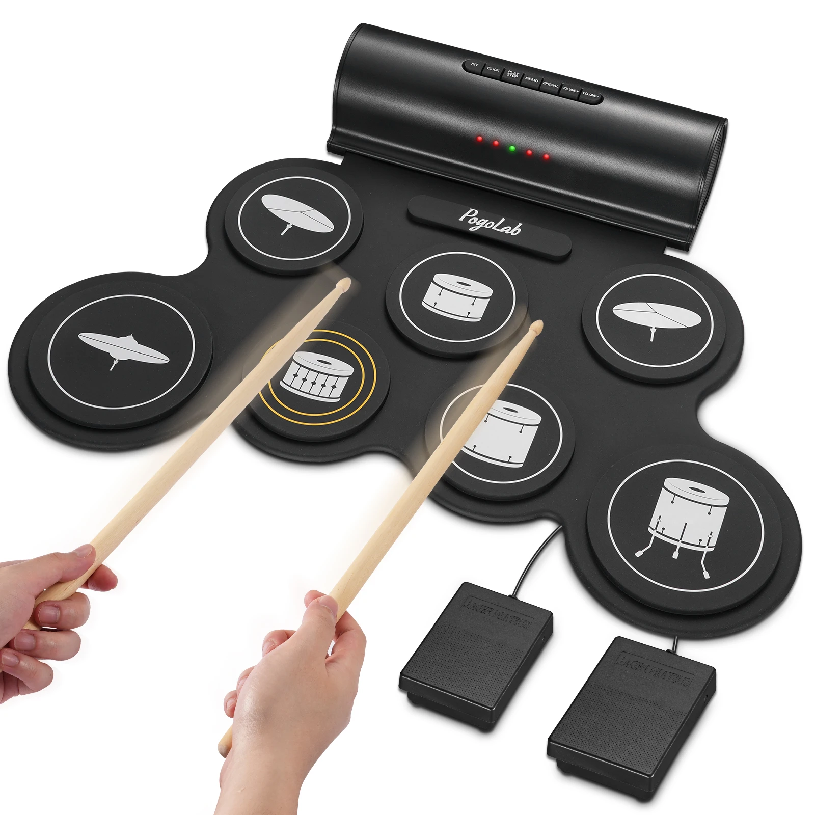 

POGOLAB Electronic Drum Set 7 Pads Roll Up Electric Drum Pad Midi Drum Kit with Built-in Speaker/Pedals/Headphone Jack