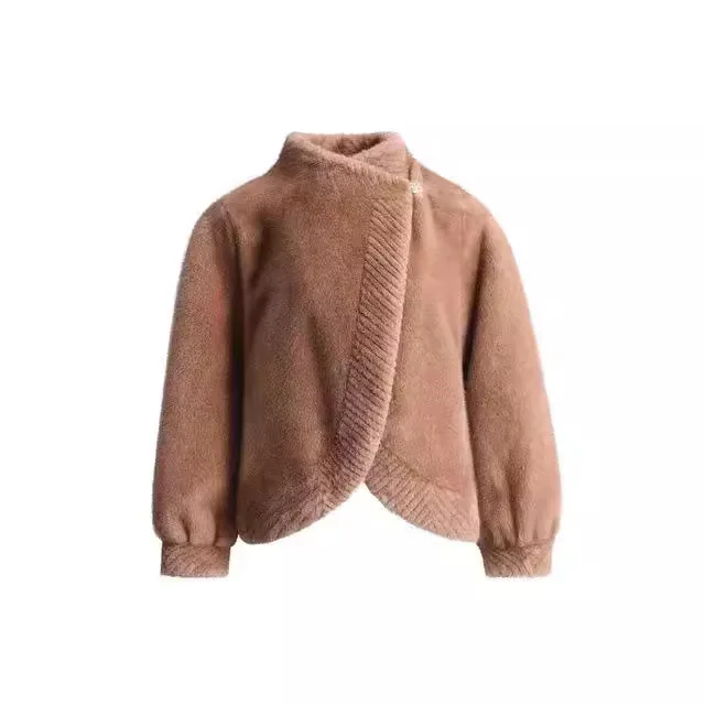 Jesień Zima Nowa Moda Damska Jednolity Kolor Elegancki Casualowy Modny Luźny Prosty Podstawowy Szal ze Sztucznego Futra Odzież Damska Płaszcze Bluzki