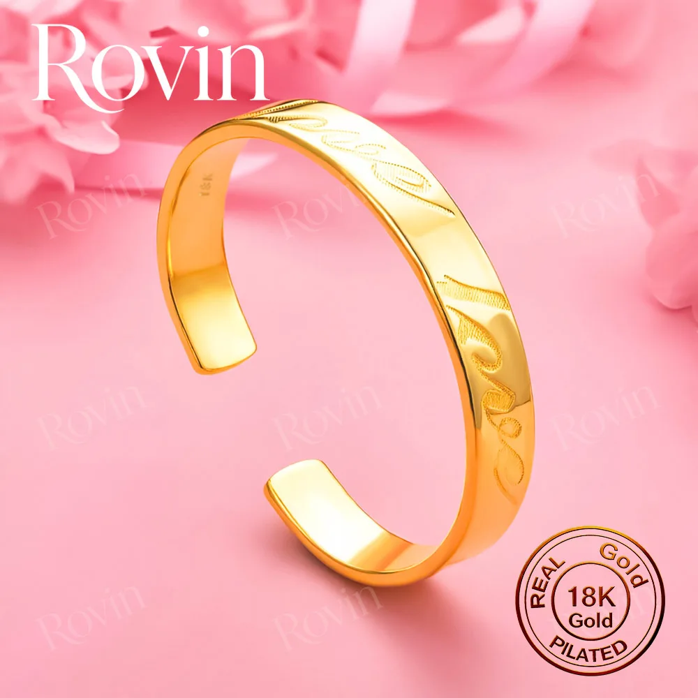 18K Gold Open Bangle with Exquisite English Engraving – Stylish Accessory for Women's Weddings and Parties