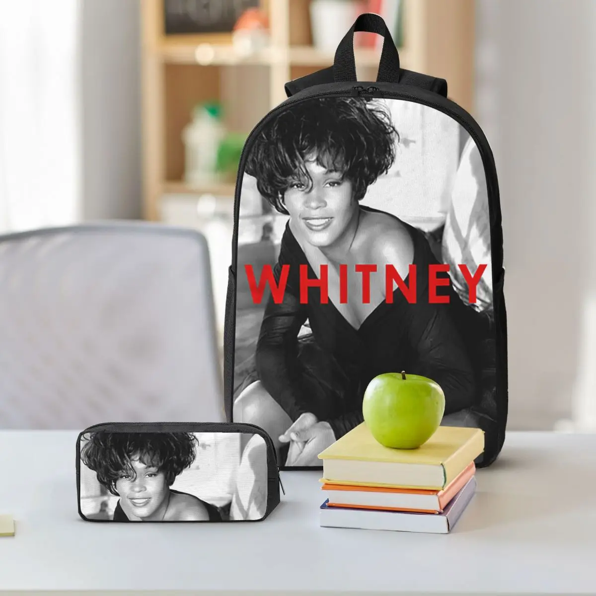 Vintage Whitney Houston Inspired Backpack Student BookBag School Bag Shoulder Bags 3ps Insulated Lunch Bag Pencil Case