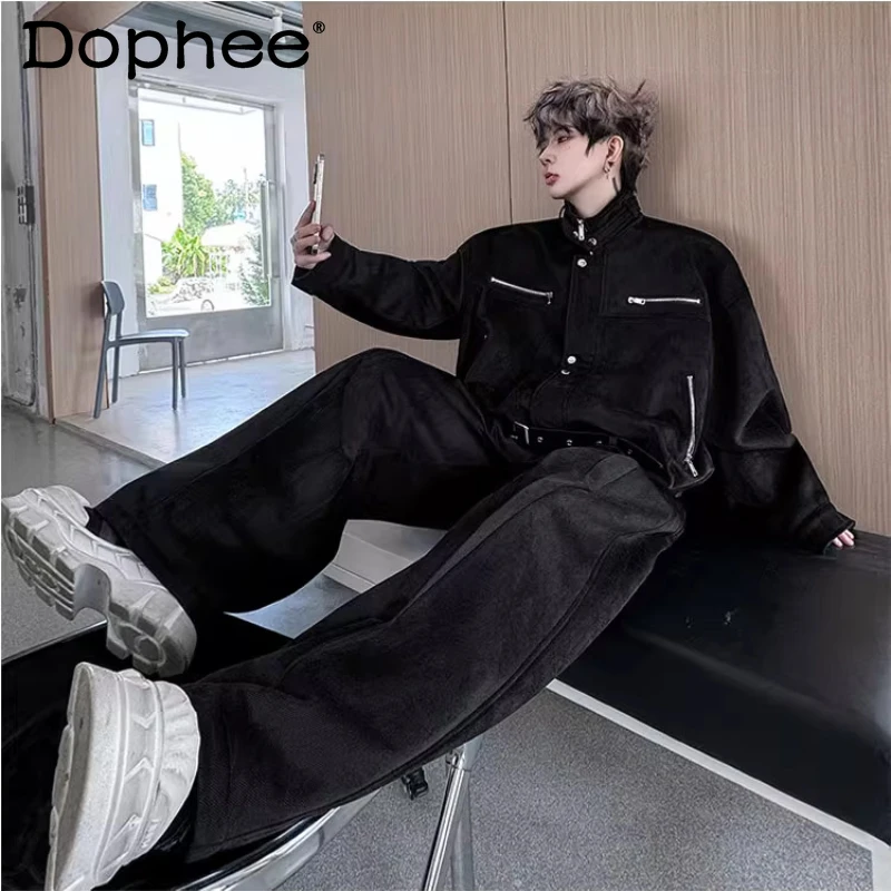 الرجال 2025 شتاء جديد متعدد سستة تصميم الوقوف طوق سترة مجموعات الرجال موضة واسعة الساق السراويل الطويلة سميكة قطعتين مجموعات