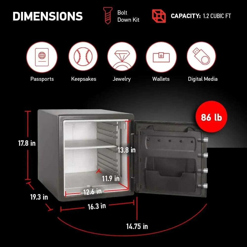 Fireproof Waterproof Steel Home Safe W/ Dial Combination Lock Secure Documents Jewelry Valuables Bolt Down Kit 1.23 Cubic Feet