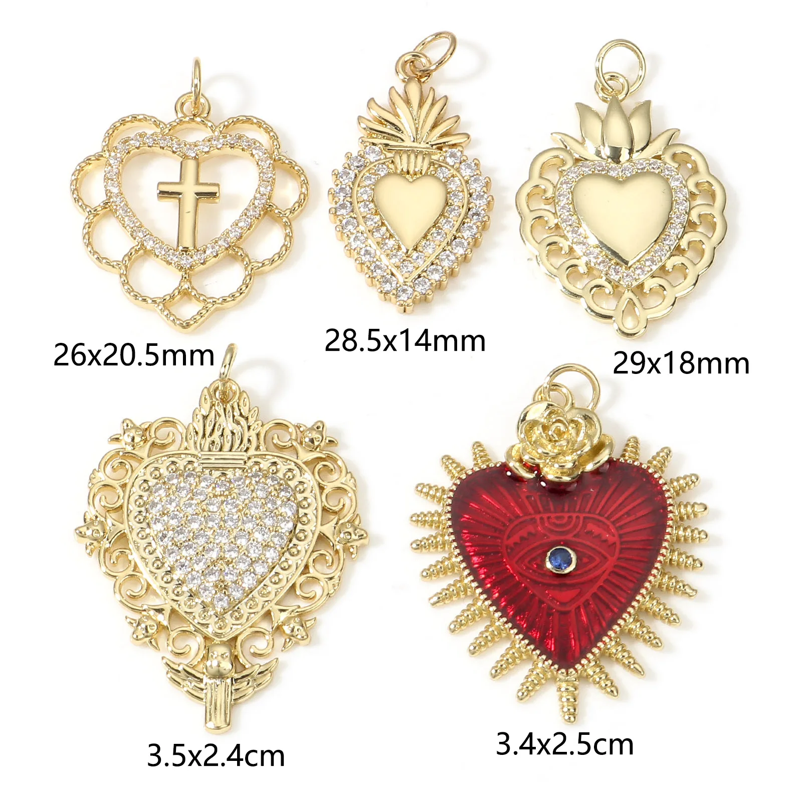 Heart Charms Pendants 18k Gold Plated Mexican Sacred Heart Shaped Copper Charm Pendant for DIY Necklace Bracelet Jewelry-1 Piece