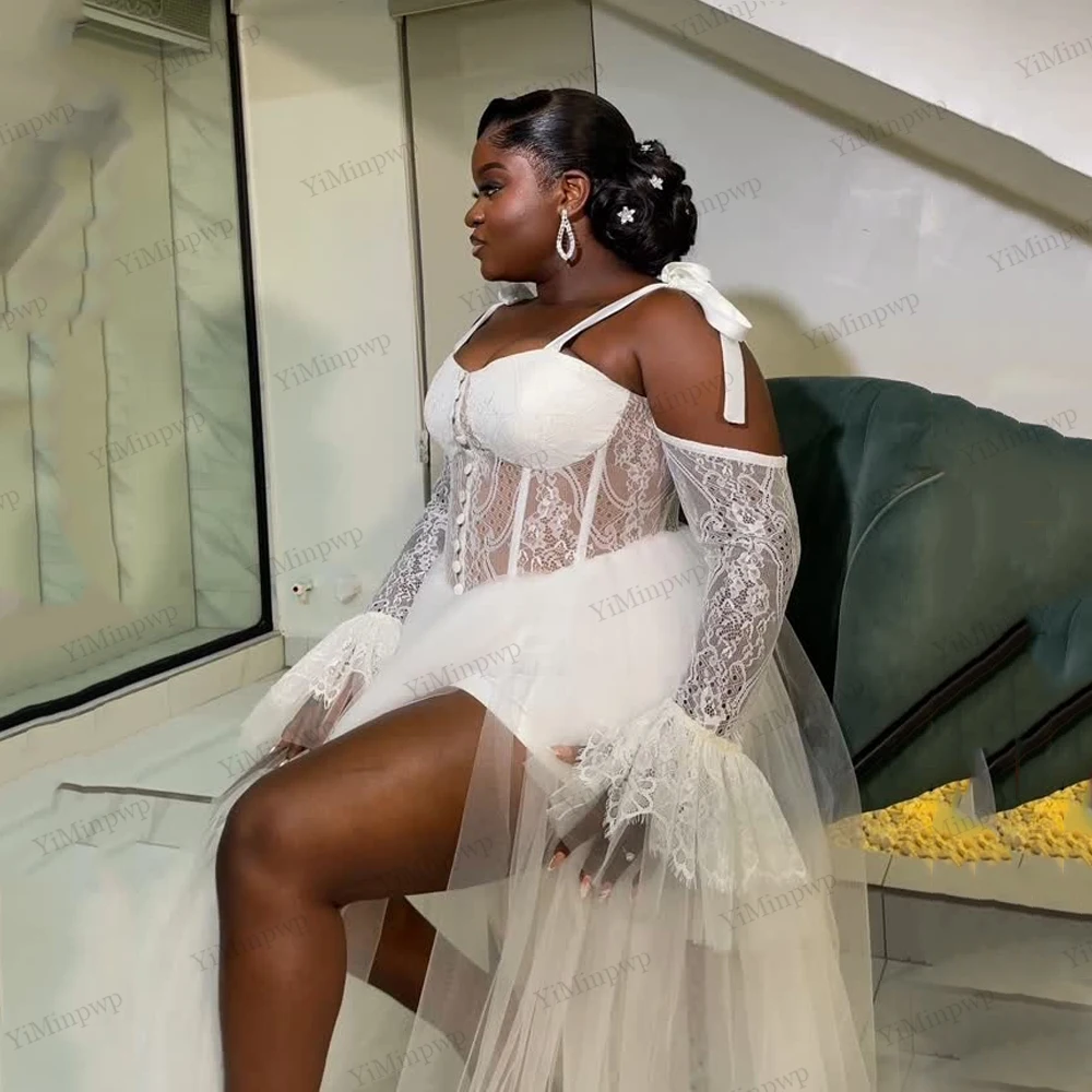 الدانتيل العروس الجلباب الزفاف الفاخرة السباغيتي الأشرطة طويلة الأكمام عالية منخفضة الزفاف الأفريقي الجلباب الزفاف لالتقاط الصور حسب الطلب #5