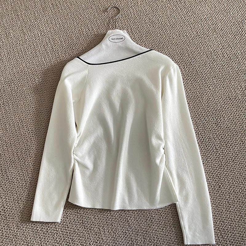 

Korejpaa Wrinkled Knitted T-shirt Women Autumn 2025 New Pullover Tshirts Simple Kroean Fashion Long Sleeved Slim Fit Top