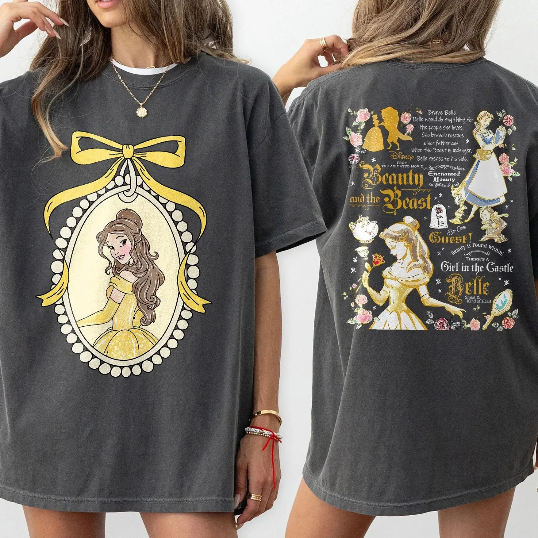 Camiseta Esportiva Feminina de Algodão Rosa Floral com Estampa Frontal da Personagem Bela de A Bela e a Fera da Disney 2026