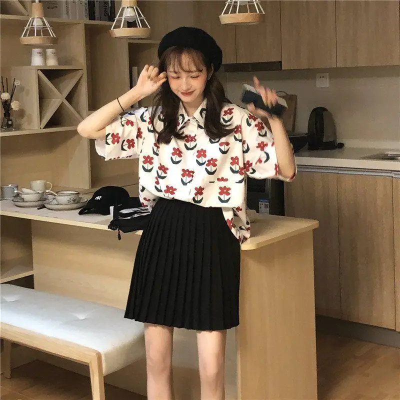 Women Summer Korean Fashion Loose Printing Turn-down Collar Short Sleeve Vacation Shirts Ladies Casual Floral All-match Tops