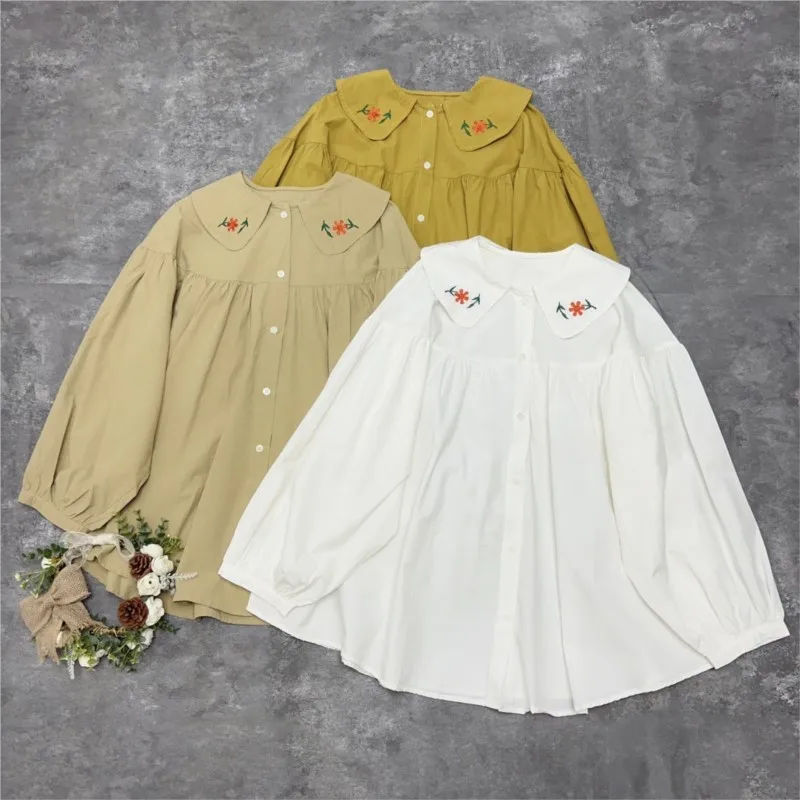 

Johnature Japanese Cotton Embroidered Lapel Loose Shirt Women 2025 Autumn New Casual Puff Sleeve Korean Tops