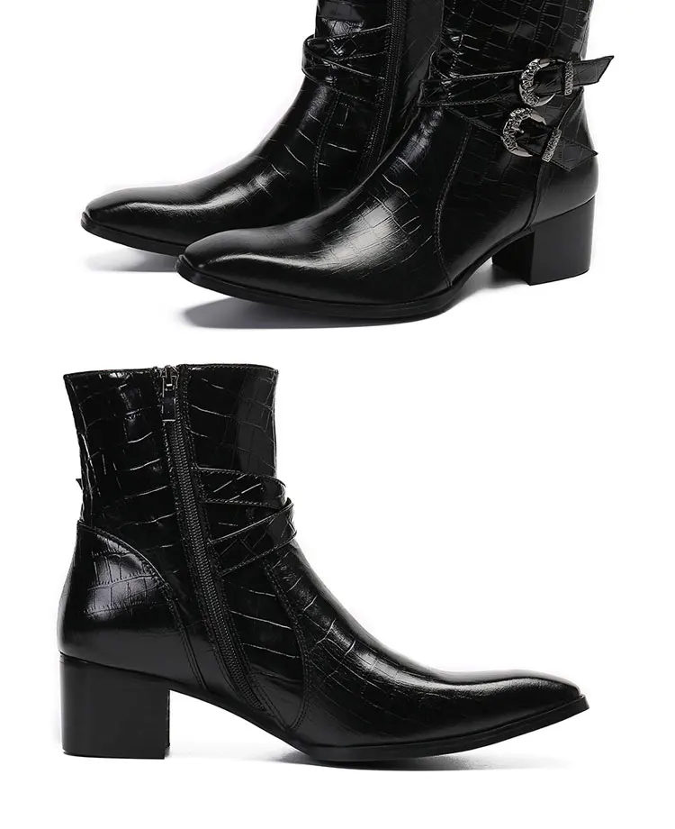 Frühlingsswarze kurze Stiefel mit Krokodilmuster, modische Stiefel, quadratischer Kopf, Lackleder, nackte Chelsea-Kurzstiefel für Herren – Detail 15