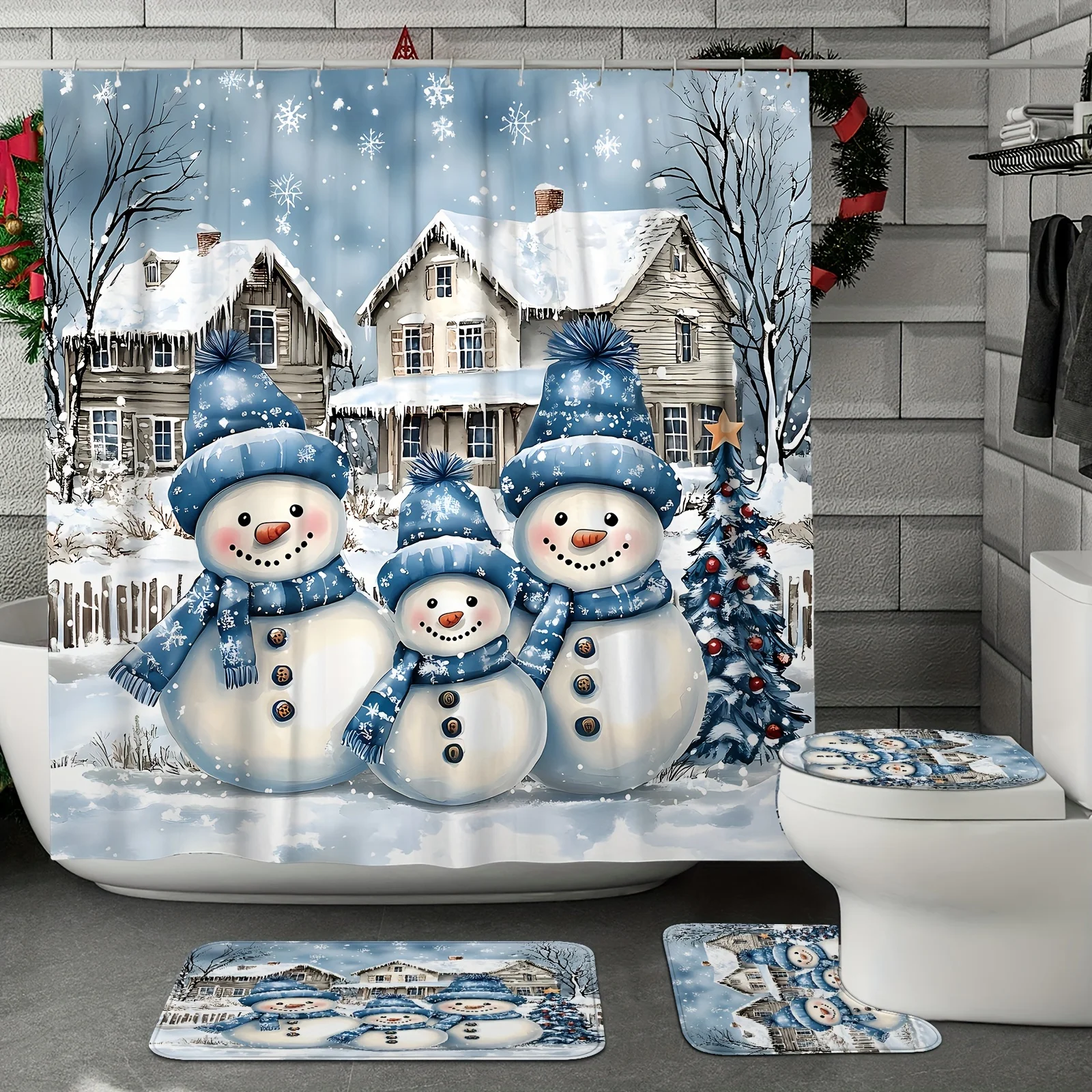 4Pcs Xmas Shower Set – Tree Snowman Snowflake, Cute Blue, 12 Hooks, Non-Slip Mat, U-Cover, Holiday Bathroom Decor