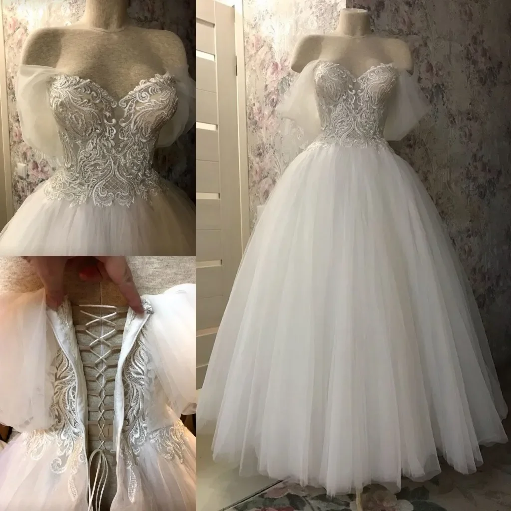 

Glamorous Princess Bride Wedding dress Sexy sweetheart neckline strapless short sleeved beach romantic wedding bridal dress