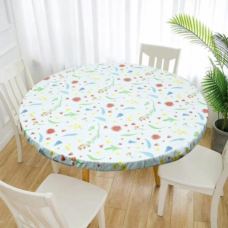 Round Tablecloth PVC Printing Thickened Waterproof and Oil-proof Tablecloth Elastic Edge Can Wipe The Party Table Linen