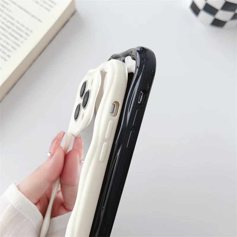 Fashion Wave Frame Makeup Mirror Cases For iPhone 15 14 13 12 11 Pro Mini Max X XS XR 7 8 Plus Shockproof Soft TPU Bumper Coque