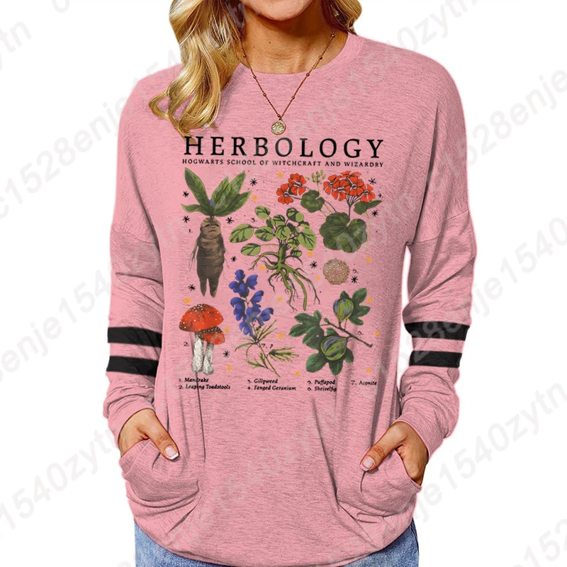 Women's Casual Long Sleeve Pocket T-Shirts Autumn Winter Pullover Herbology Plants Graphic Print Loose Sweatshirts Ladies Blouse