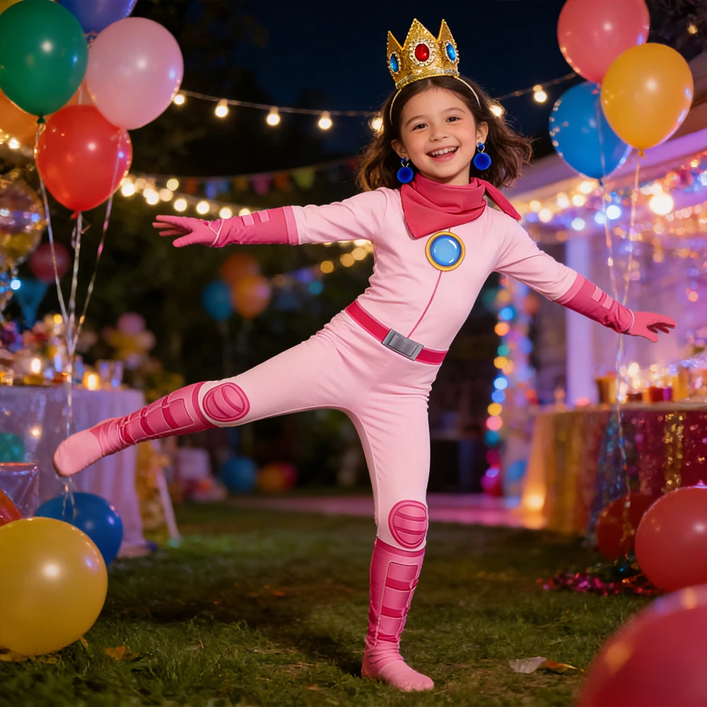 Summer New Pink Princess Peach Costume for Girls Carnival Birthday Party Dress Up Game Cosplay Jumpsuits Performance Clothing