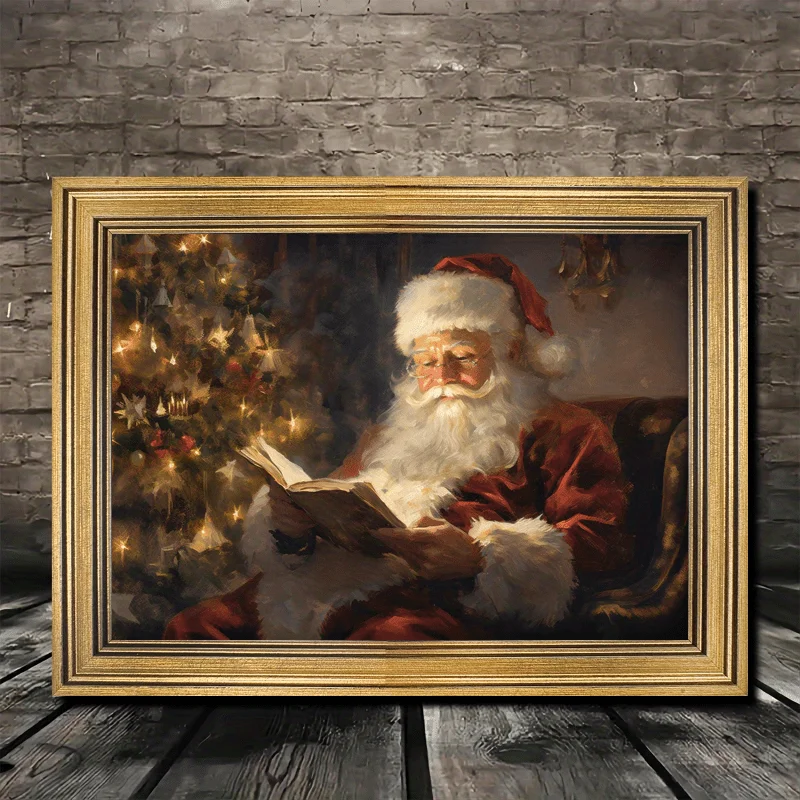 Santa Claus Reading Christmas Oil Painting - Vintage Gold Frame Canvas Art, Perfect for Living Room Decoration, Christmas Decora