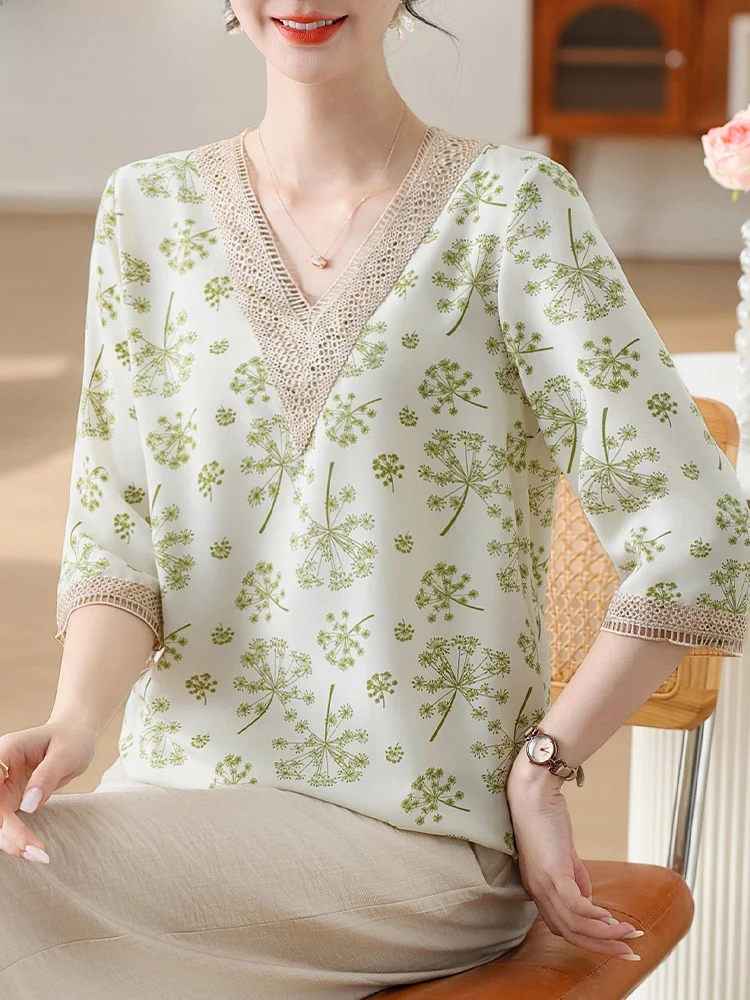 

Faionable Summer Outfit for orter Mothers Midi Age Women's Chiffon Svel Top And Pants Two-Piece Set V-Ne Loose Fit