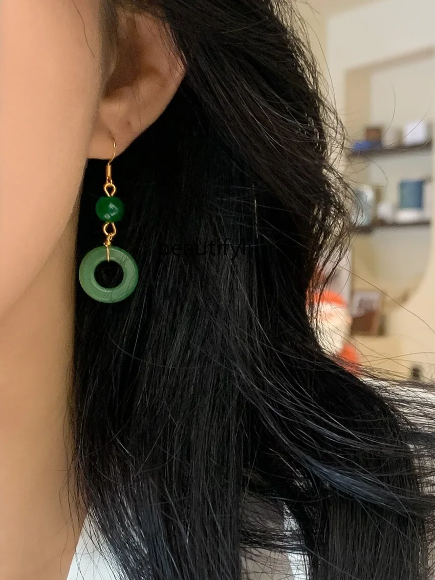 Cold Feeling French Style Retro National Style Sweet Fresh Emerald Green Ear Hook Peace Buckle Chinese Style Earrings