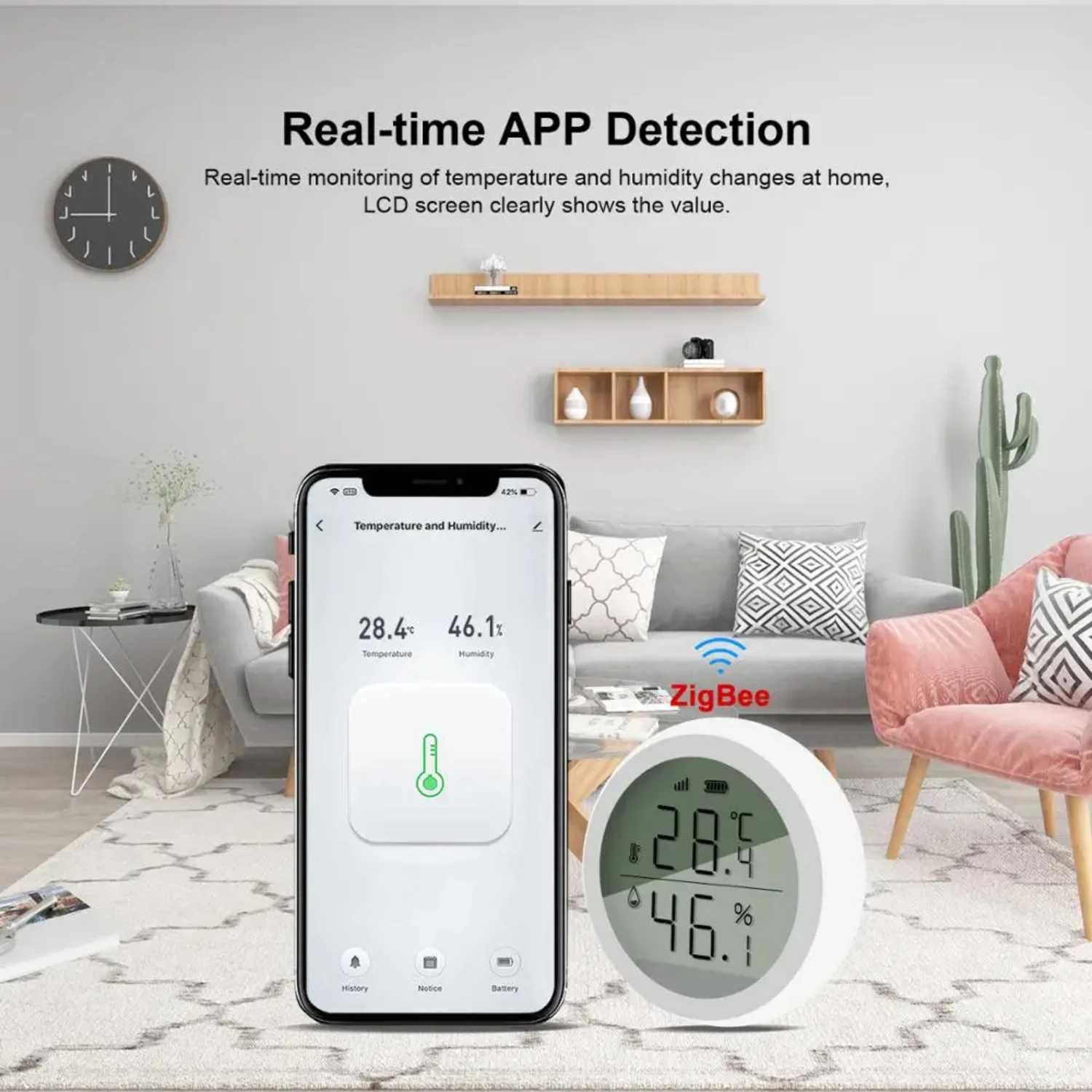 Enhanced Alexa Compatible Smart and Efficient Modern Indoor Temperature and Humidity Sensor with Voice Control and ZigBee LCD Di