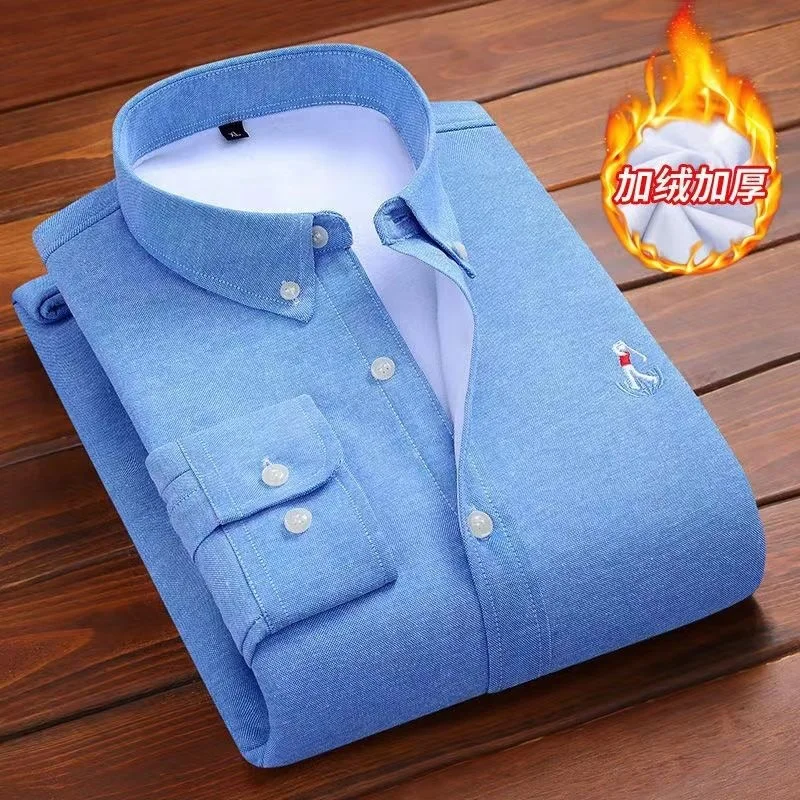 Men's Fleece Lined Thick Long Sleeve Oxford Shirt Autumn Winter Business Casual Warm Solid Color Korean Embroidery Top Shirt's