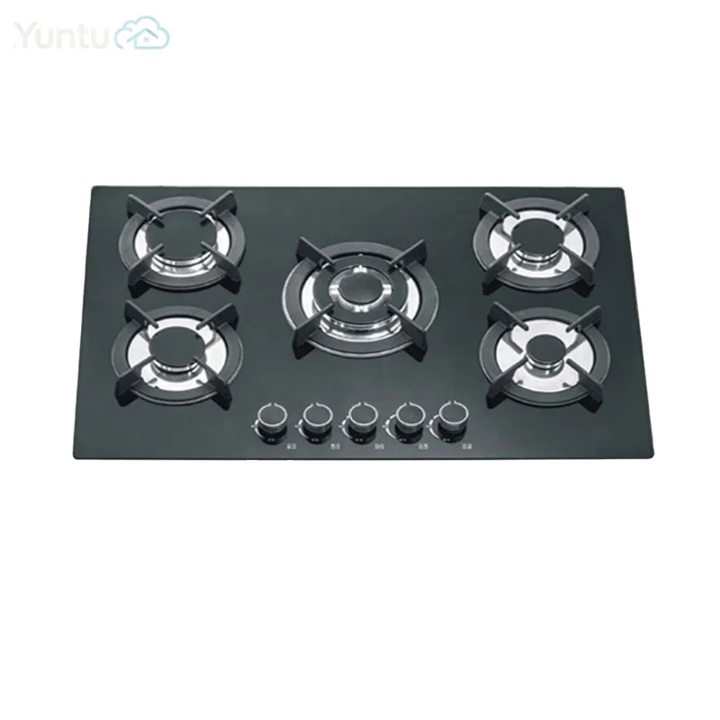 Built-In 5-Burner Multi-Head Gas Stove Tempered Glass Panel LPG/Natural Gas Battery Hotel Home Use Electronic Ignition
