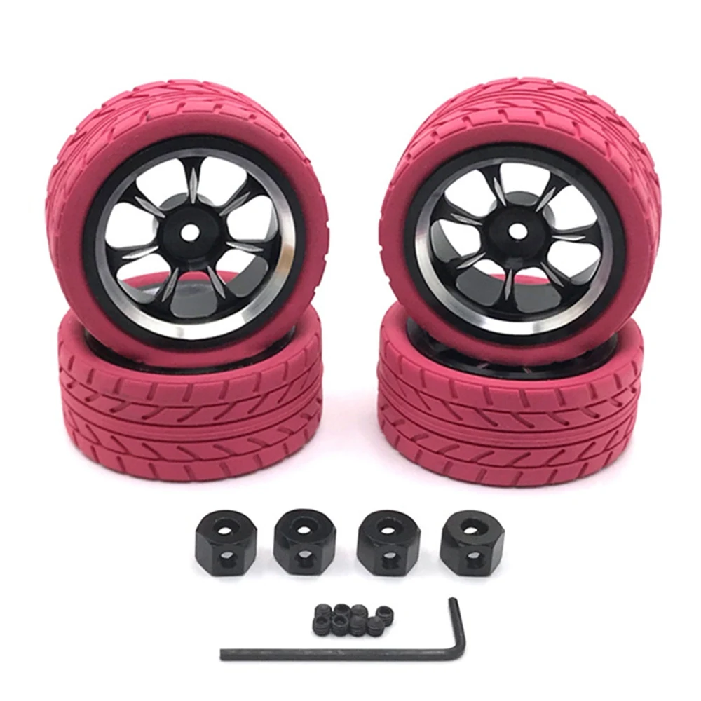 65mm Metal Wheel Rim Tire Tyre with 12mm Adapter for WPL C14 C24 MN D90 MN98 MN99S MN-90 RC Car Upgrade Parts,Pink