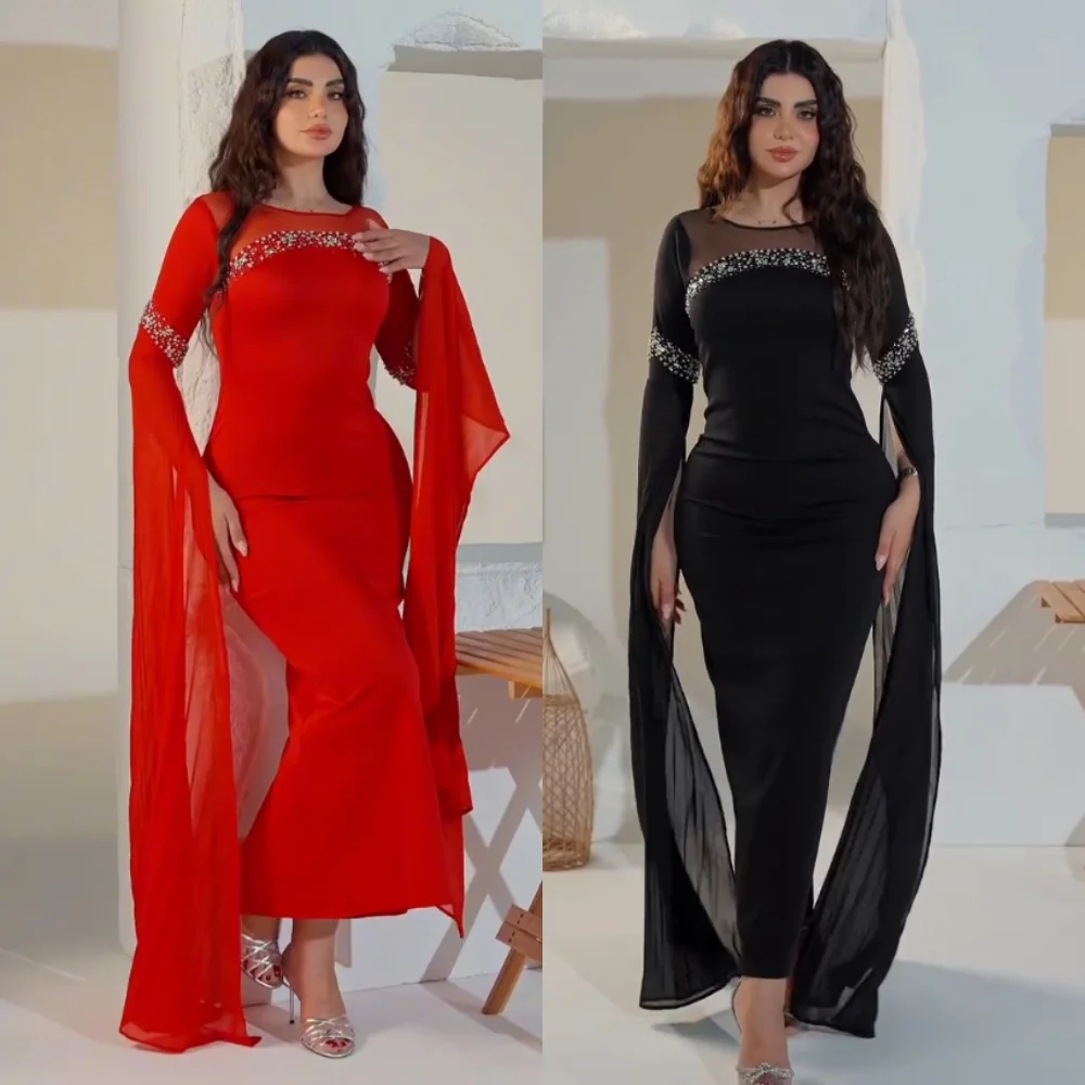 

Customized Jersey Rhinestone Glitter O-Neck Bespoke Occasion Midi Dresses High Quality Formal Evening Elegant Party Dress