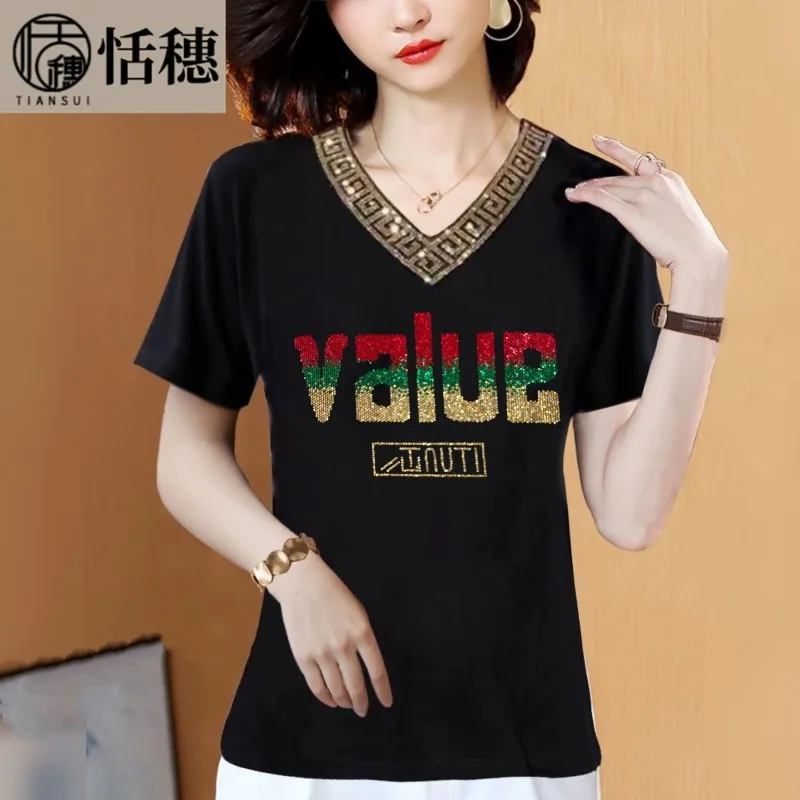 Femmes été col en v à manches courtes mode diamants apparaissent mince T-Shirt dames tempérament élégant tout-match bureau montre de sport