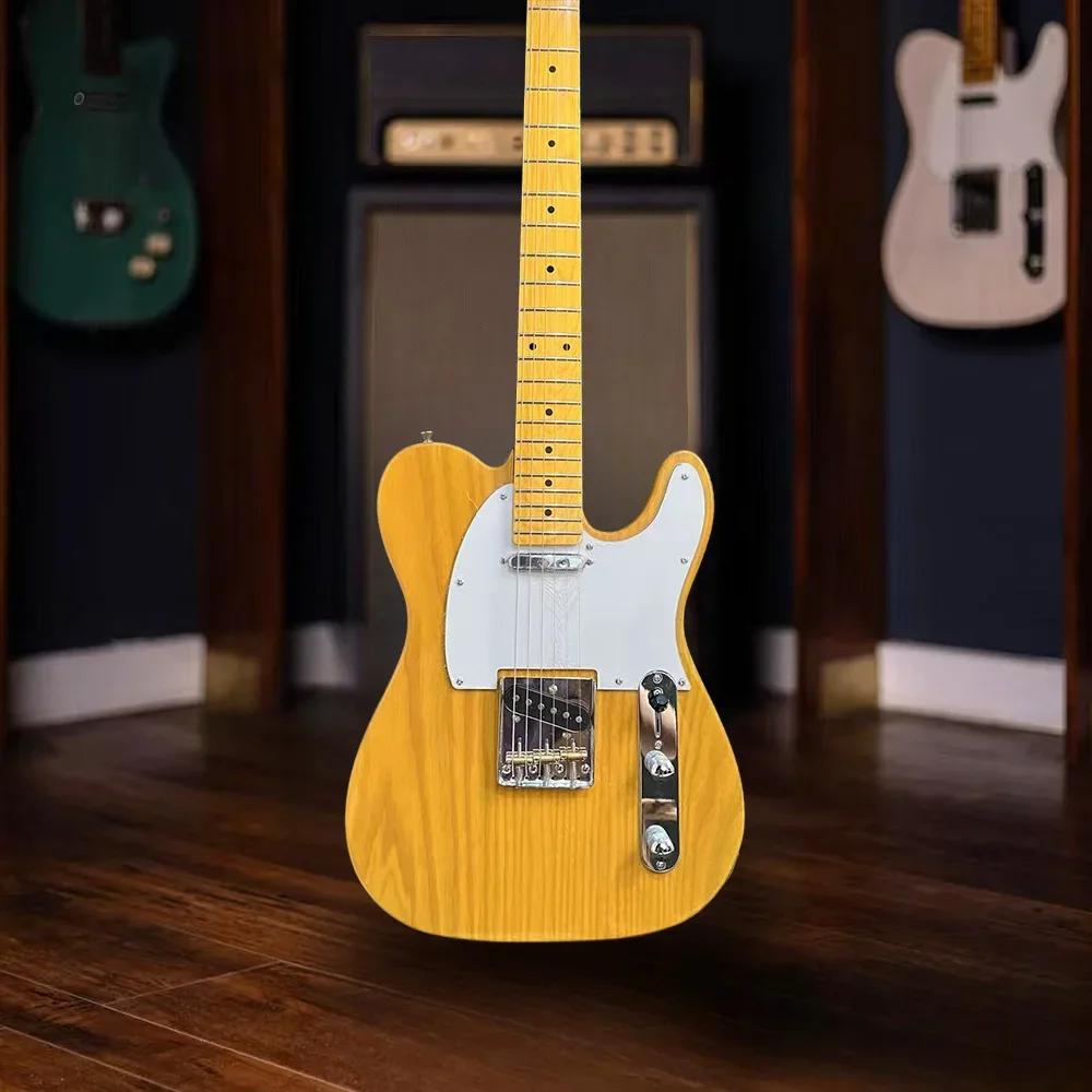 

Free Shipping Transparent Yellow Color Tele Electric Guitar Ash Body Maple Fingerboard 6 Strings Guitar 21 Tone Position