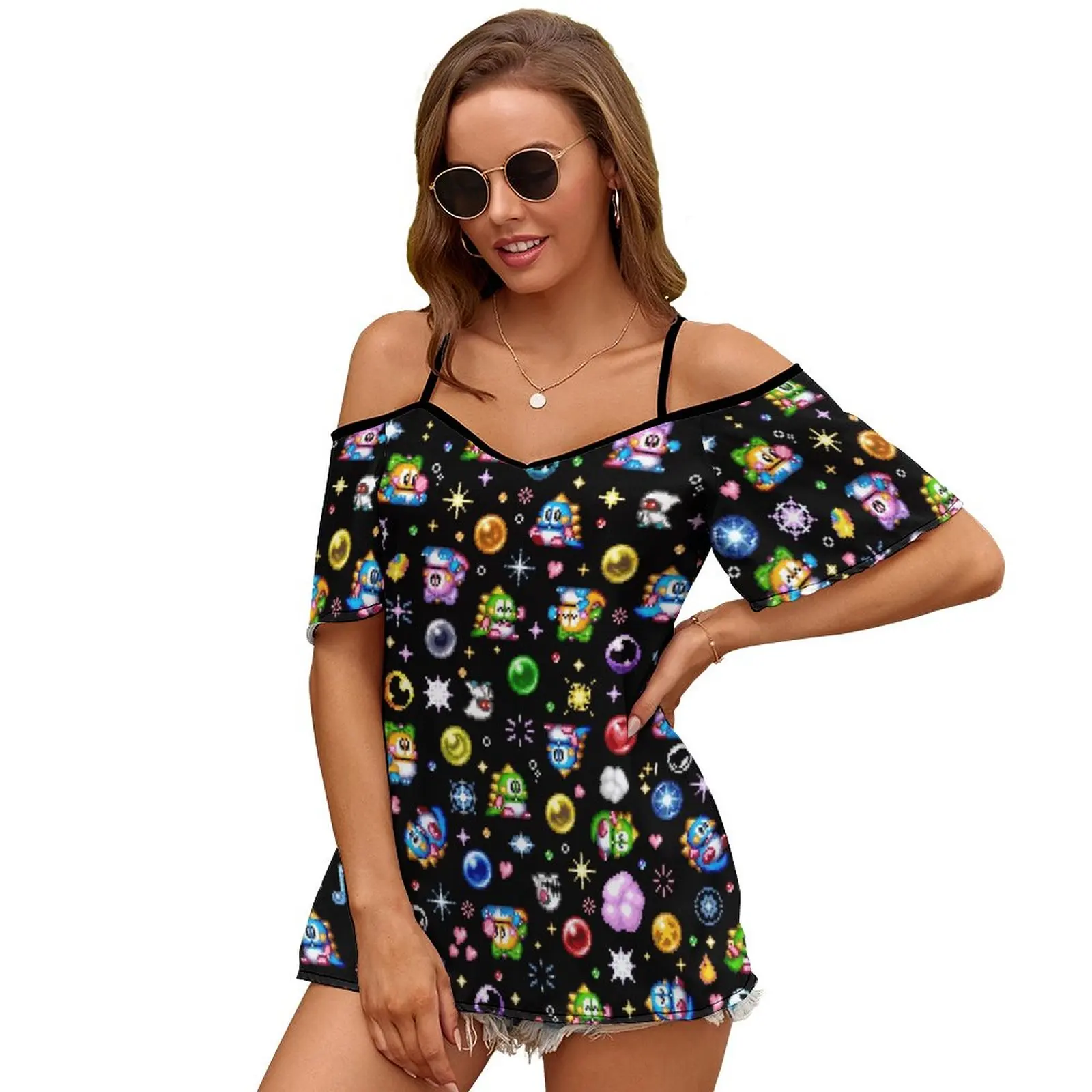 Bubble Bobble-Black 2136 Women Print T Shirt Casual Off Shoulder Loose Pullover Tops Fashion Clothes Bubble Bobble Puzzle