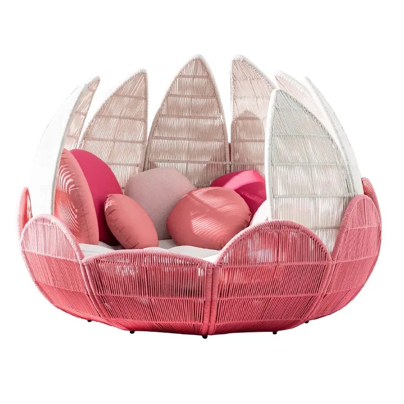 Outdoor rattan bed, creative lotus lounger, villa garden large round bed